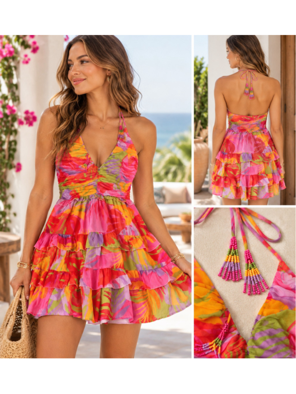 FARM Rio Tropical Floral Halter Mini Dress Tiered Ruffle Pink Orange Green M